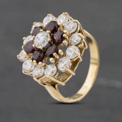 Pre-Owned 9ct Yellow Gold Garnet & Cubic Zirconia Large Round Cluster Ring 41103024