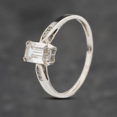 Pre-Owned 9ct White Gold Cubic Zirconia Emerald Cut Shoulder Set Solitaire Ring 41103070