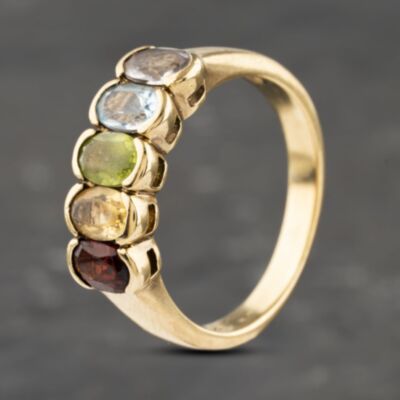 Pre-Owned 9ct Yellow Gold Citrine & Garnet,Peridot,Blue Topaz Oval Tension Set Five Stone Ring 41103104