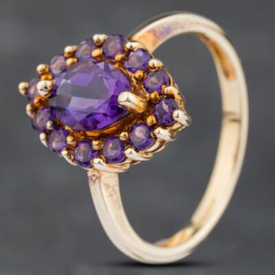 Pre-Owned 9ct Yellow Gold Amethyst Marquise Shape Cluster Ring 41103174