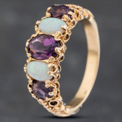 Pre-Owned 9ct Yellow Gold Amethyst & Opal Five Stone Ring 41103175