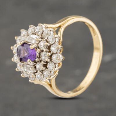 Pre-Owned 9ct Yellow Gold Amethyst & Cubic Zirconia Tier Cluster Ring 41103195
