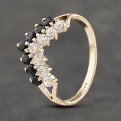 Pre-Owned 9ct Yellow Gold Sapphire & Cubic Zirconia Two Row Wishbone Ring 41103239