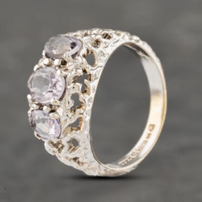 Pre-Owned 9ct White Gold Amethyst Ornate Three Stone Ring 41103258