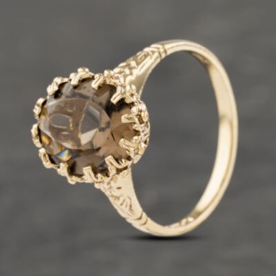 Pre-Owned Vintage 9ct Yellow Gold Smokey Quartz Oval Dress Ring 41103260