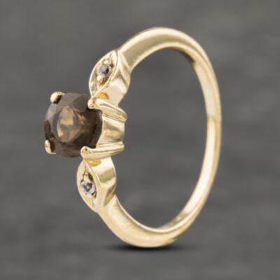 Pre-Owned 9ct Yellow Gold Smokey Quartz & White Topaz Shoulders Dress Ring 41103262