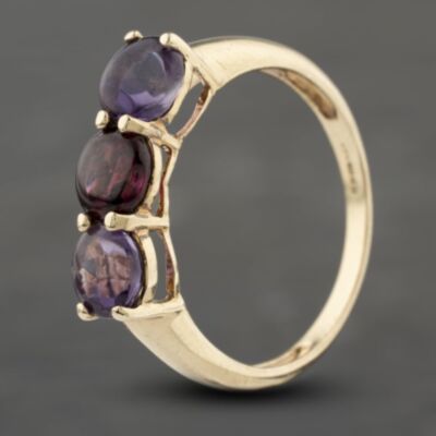 Pre-Owned 9ct Yellow Gold Amethyst & Tormaline Cabachon Three Stone Ring 41103290