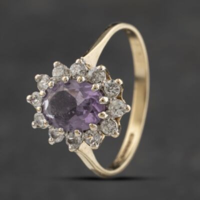 Pre-Owned 9ct Yellow Gold Amethyst & Cubic Zirconia Cluster Ring 41103356