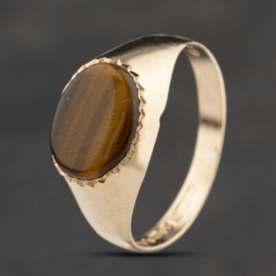 Pre-Owned 9ct Yellow Gold Tigers Eye Oval Signet Ring 41103369