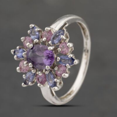 Pre-Owned 9ct White Gold Amethyst & Lolite,Pink Tourmaline Large Cluster Ring 41103453