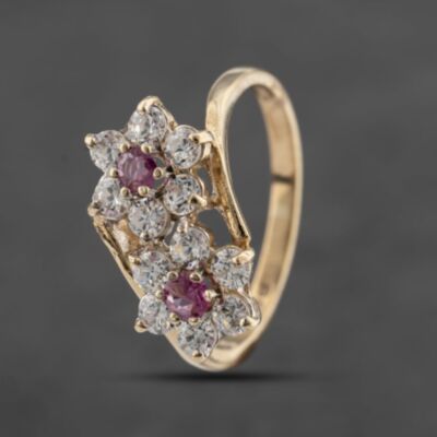 Pre-Owned 9ct Yellow Gold Ruby & Cubic Zirconia Double Cluster Ring 41103482