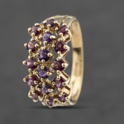 Pre-Owned 9ct Yellow Gold Amethyst & Tourmaline Three Row Ring 41103487