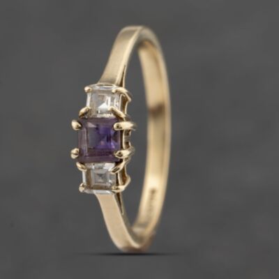Pre-Owned 9ct Yellow Gold Amethyst & Cubic Zirconia Three Stone Ring 41103488