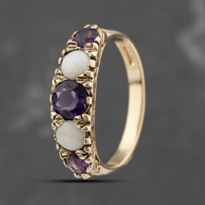 Pre-Owned 9ct Yellow Gold Amethyst & Opal Five Stone Ring 41103504