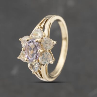 Pre-Owned 9ct Yellow Gold Amethyst & Rainbow Crystal Flower Cluster Ring 41103511