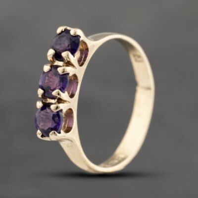 Pre-Owned 9ct Yellow Gold Amethyst Three Stone Ring 41103634