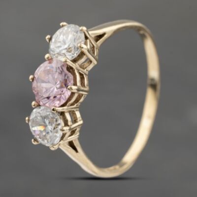 Pre-Owned 9ct Yellow Gold Pink And White Cubic Zirconia Three Stone Ring 41103652
