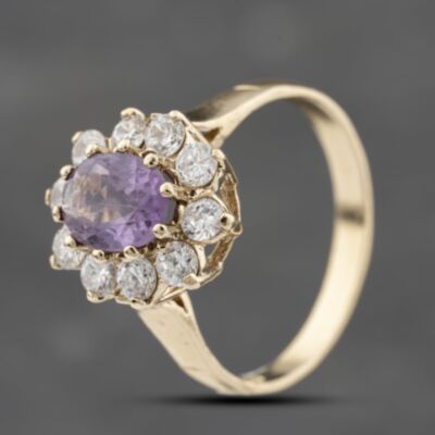 Pre-Owned 9ct Yellow Gold Amethyst & Cubic Zirconia Flower Cluster Ring 41103766