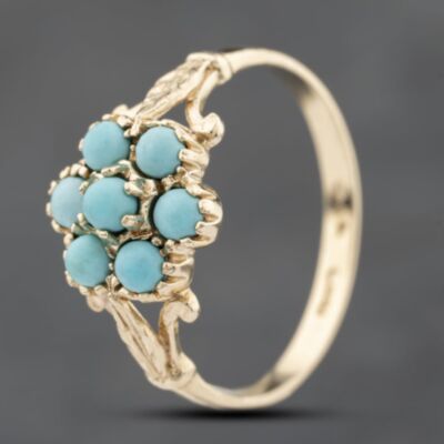 Pre-Owned 9ct Yellow Gold Turquoise Flower Cluster Ring 41103781