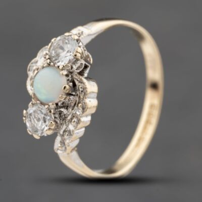 Pre-Owned Vintage 9ct Yellow Gold Opal & White Spinel Twist Three Stone Ring 41103815