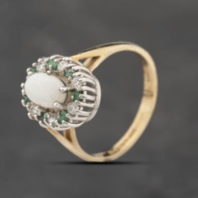 Pre-Owned 9ct Yellow Gold Opal, Emerald & Cubic Zirconia Oval Cluster Ring 41103870