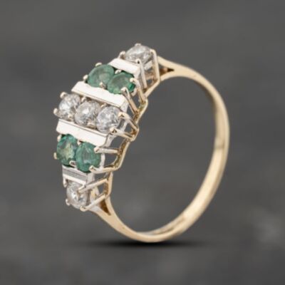 Pre-Owned 9ct Yellow Gold Emerald & Cubic Zirconia Boat Shaped Cluster Ring 41103894