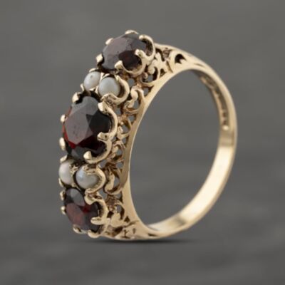 Pre-Owned 9ct Yellow Gold Garnet & Seed Pearl Seven Stone Ring 41103936