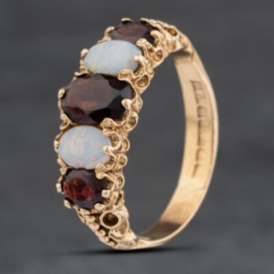 Pre-Owned Vintage 9ct Yellow Gold Garnet & Opal Five Stone Ring 41103987