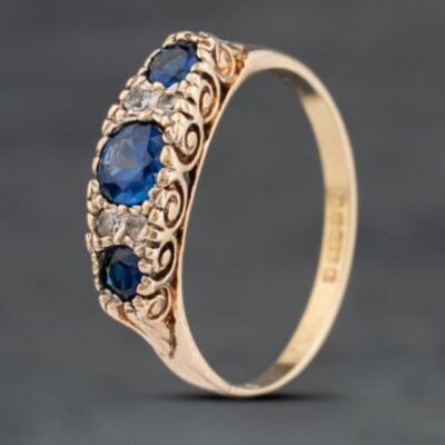 Pre-Owned Vintage 9ct Yellow Gold Synthetic Sapphire & White Spinel Seven Stone Ring 41104037