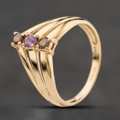 Pre-Owned 9ct Yellow Gold Pink Sapphire & Cognac Diamond Half Wishbone Ring 41104245