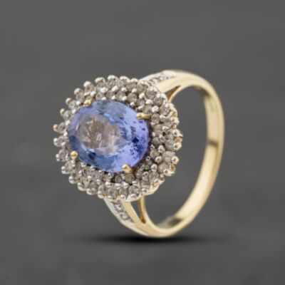 Pre-Owned 9ct Yellow Gold 2.25ct Tanzanite & White Zircon Oval Cluster Ring 41104336