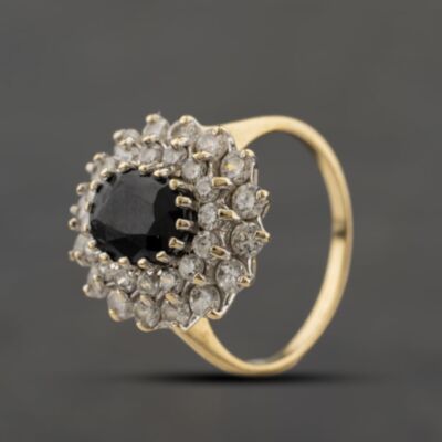 Pre-Owned 9ct Yellow Gold Sapphire & Cubic Zirconia Oval Tiered Cluster Ring 41104348