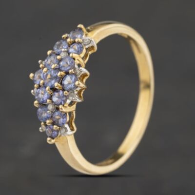 Pre-Owned 9ct Yellow Gold Tanzanite & 0.10ct Diamond Triple Cluster Ring 41104504