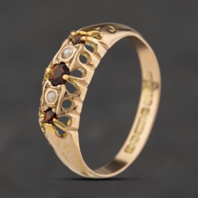 Pre-Owned Vintage 9ct Yellow Gold Seed Pearl & Garnet Five Stone Ring 41104505