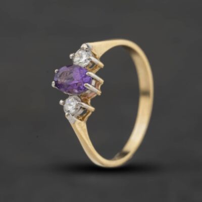 Pre-Owned 9ct Yellow Gold Amethyst & Cubic Zirconia Three Stone Ring 41104677