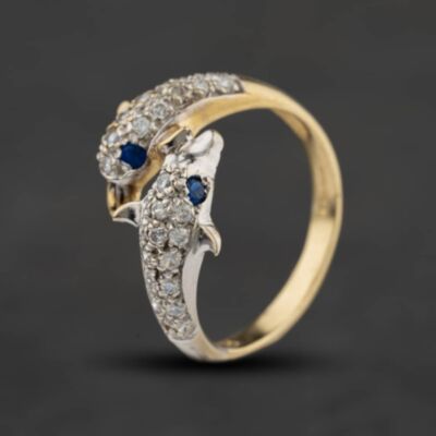 Pre-Owned 9ct Two Colour Gold Cubic Zirconia & Synthetic Blue Spinel Dolphin Crossover Ring 41104681