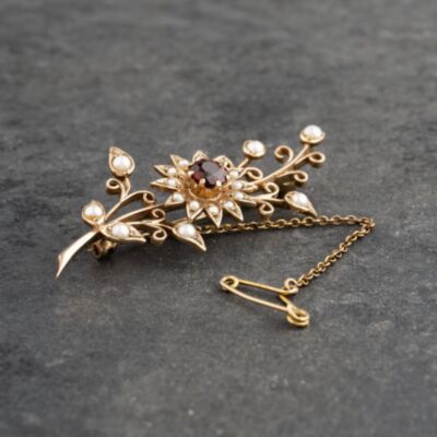 Pre-Owned Vintage 9ct Yellow Gold Garnet & Seed Pearls Flower Brooch 41131121