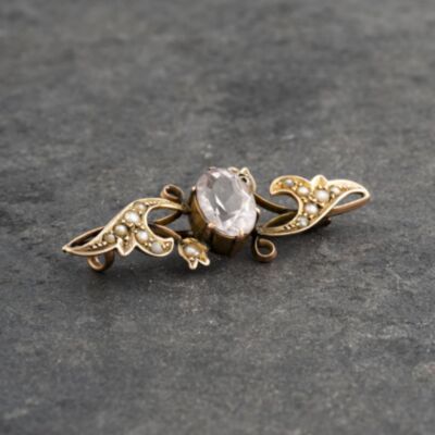 Pre-Owned Antique Yellow Gold Amethyst & Seed Pearls Ornate Brooch 41131122