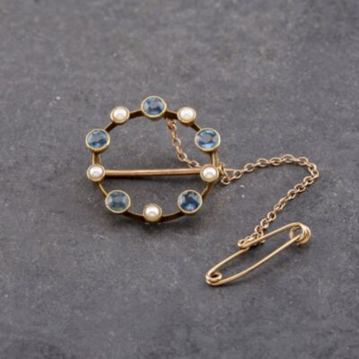 Pre-Owned Vintage Yellow Gold Aquamarine & Seed Pearl Circle Brooch 41131154