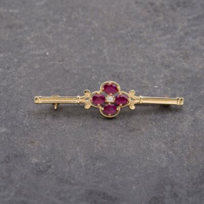Pre-Owned 9ct Yellow Gold Ruby & 0.03ct Diamond Flower And Bar Brooch 41131155