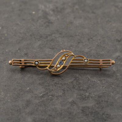 Pre-Owned Antique Rose Gold Sapphire & Seed Pearl Bar Brooch 41131173