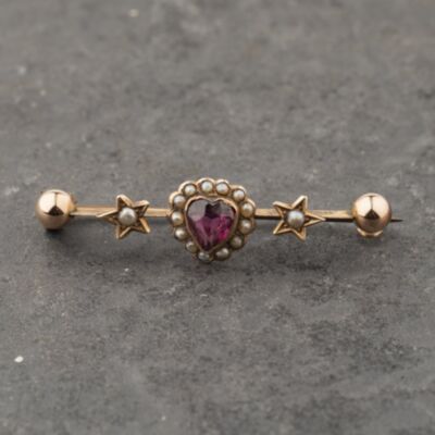 Pre-Owned Rose Gold Garnet & Seed Pearl Star And Ball Bar Brooch 41131174