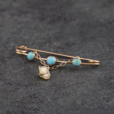 Pre-Owned Vintage Yellow Gold Turquoise & Freshwater Pearl Brooch 41131178