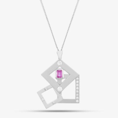 Pre-Owned 9ct White Gold Pink Sapphire & Diamond Pendant & 18 Inch Curb Chain 41141086