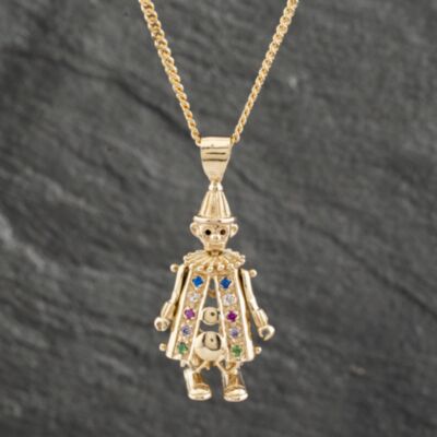 Pre-Owned 9ct Yellow Gold Multi Stone Clown Pendant & 16 Inch Curb Chain 41142300