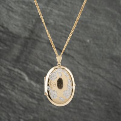 Pre-Owned 9ct Two Colour Gold Oval Flower Patterned Locket Pendant & 17 Inch Curb Chain 41142324