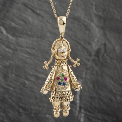 Pre-Owned 9ct Yellow Gold Cubic Zirconia Large Heavy Ragdoll Pendant & 24 Inch Belcher Chain 41142356