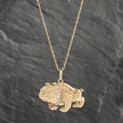 Pre-Owned 9ct Yellow Gold Diamond Bulldog Pendant & 20 Inch Trace Chain 41142399