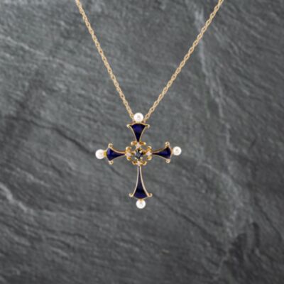 Pre-Owned 14ct Yellow Gold Sapphire & Diamond, Cultured Pearl And Blue Enamel Cross Pendant & 18 Inch Curb Chain 41142452