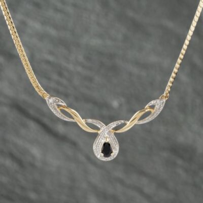 Pre-Owned 9ct Yellow Gold Black Tourmaline & Diamond Entwined Pear Drop Cluster Pendant & 16 Inch Snake Chain 41142453